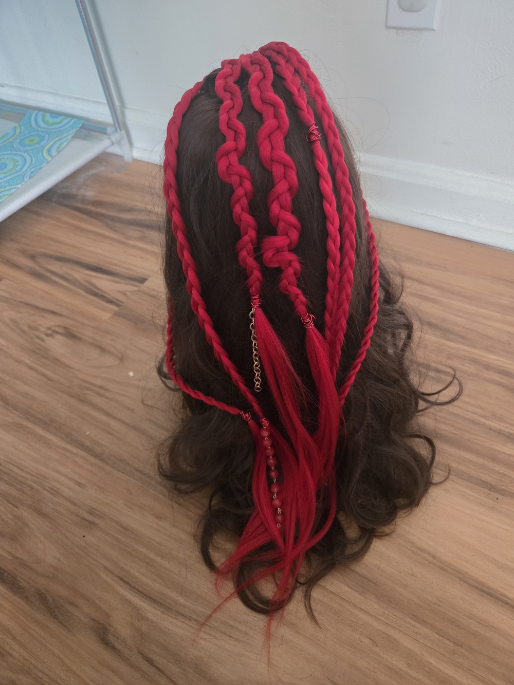 4/$15 Boho Festival Red With Fiber & Wire Bead Braided Synthetic Hair Extensions - Picture 2 of 7
